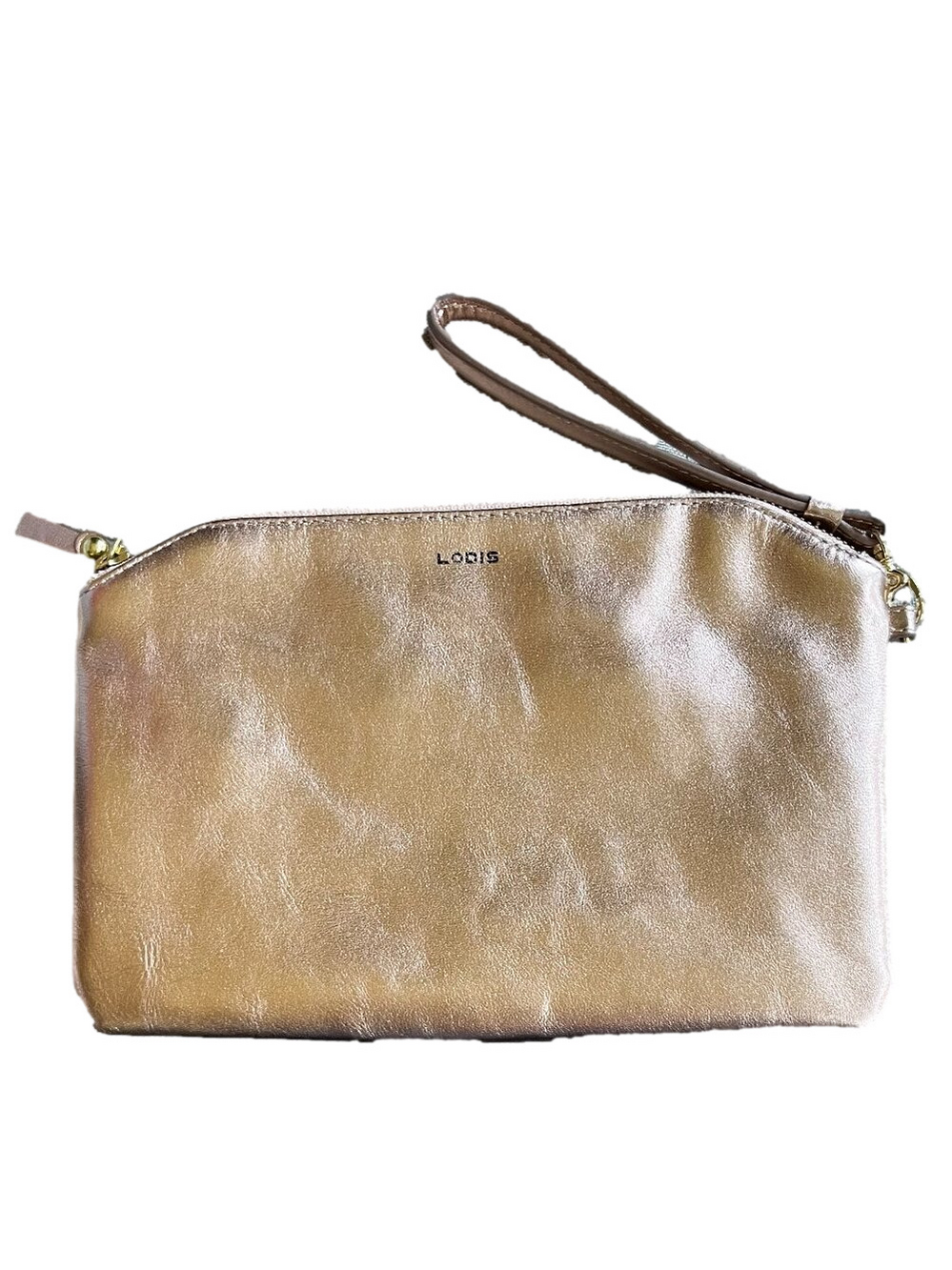 Lodis Leather wristlet in Metallic Rose Gold  Zip Top Close